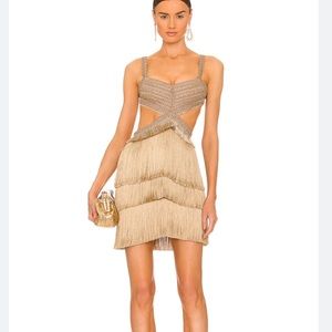NEW NWT Patbo Metallic Fringe Trim Mini Dress in Gold